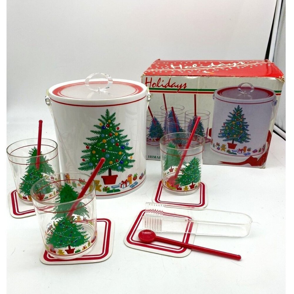 VTG 80s Himark Christmas Tree 15 Pc Bar Set Ice Bucket Glasses‎ Coasters Holiday